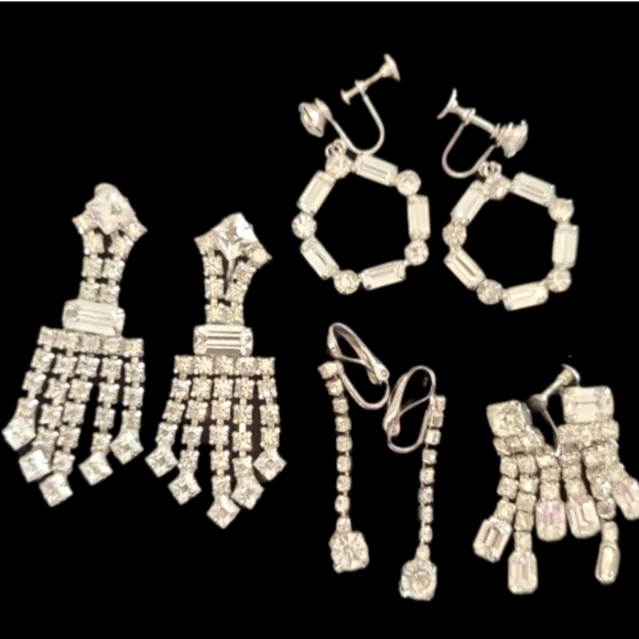 Unbranded Jewelry - 4 Pairs Earrings Vintage Rhinestone Chandelier & Dangle Screw Back & Clip On